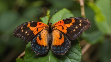 Black Wings with Brown and Orange Patterns Seen Among Green Leaves in Uganda, A Beautiful Butterfly with Brown and Orange Wings Among Green Leaves, Black and Brown Butterfly Wings with Orange Accents 