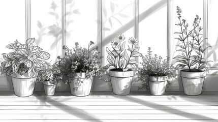 The outline is isolated on a white background with the drawing of a house plant and flowers in pots. Monochrome modern illustration.