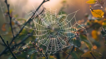 A dew-laden spiderweb, suspended in mid-air like a delicate work of art spun by nature's master weaver