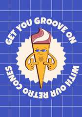 Cartoon Ice Cream Poster in Retro Style. Cool groovy dessert mascot character in sunglasses. Funny summer background  with text. Vector illustration.