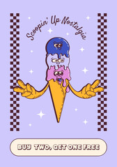 Poster of Retro Cartoon Ice Cream Character.  Cone ice cream mascot character with cute faces offering a special deal. Vector illustration.