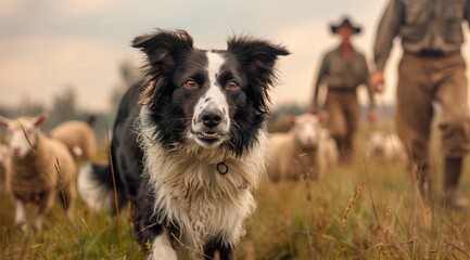 Black and white dog Border collie walking in mud by herd of sheep - Powered by Adobe