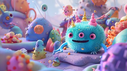 Design a 3D render of a cute monster in a whimsical setting  AI generated illustration