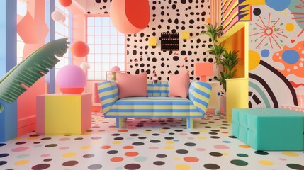 Design a cute 3D scene inspired by Memphis textile patterns  AI generated illustration