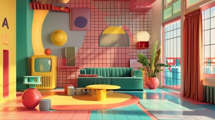 Design a cute 3D scene inspired by Memphis architecture AI generated illustration