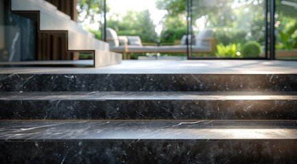 Black marble steps leading to living room