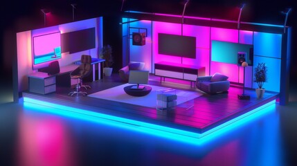 Design a cute and modern 3D rendition of a TV show podcast studio  AI generated illustration