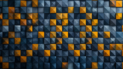 Black and yellow geometric mosaic pattern on seamless square tiles, perfect for wallpaper or bathroom wall design