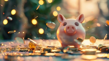 Design a playful 3D rendering of a cute piggy bank surrounded by coins  AI generated illustration