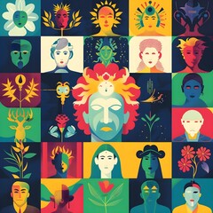  Diverse faces poster with various expressions, hand-drawn in golden tones on a transparent background