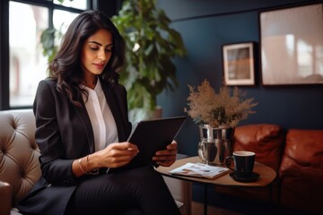 Attractive young british indian sitting office table