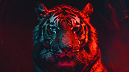 frontal view of a grim looking caspian tiger on white background, ethereal, dreamcore a vertifcal neon red light , professional color grading