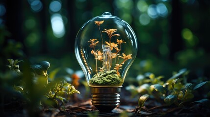 A transparent glass light bulb with a green plant inside stands in the middle of the forest. Theme of ecology and environmental protection.