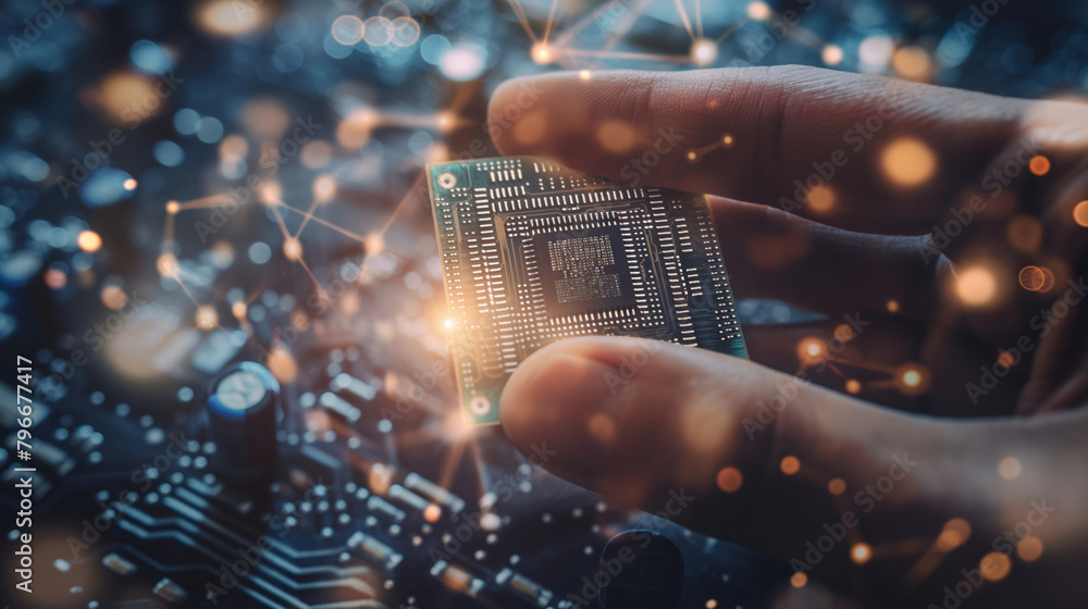 Poster a hand holding a small computer chip over a blurred background of electronic circuitry with glowing 
