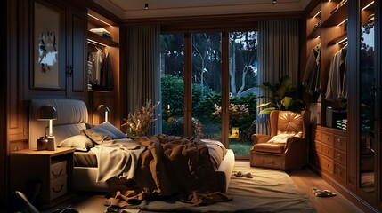 Luxurious bedroom interior at nigh with messy bed leather armchairs closet and garden view from the window - Powered by Adobe