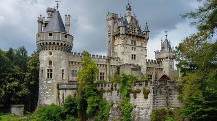 Fototapeta premium European castle with turrets and battlements AI generated illustration