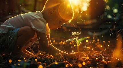 a child plants a sapling