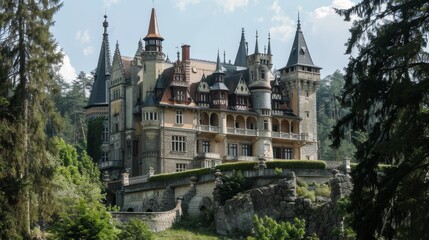 Naklejka premium European castle with turrets and battlements AI generated illustration