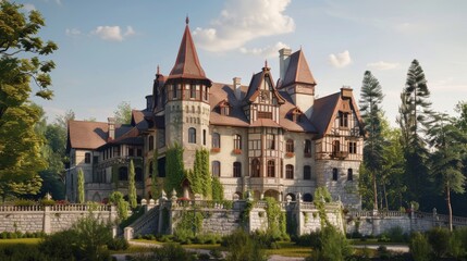 European castle with turrets and battlements  AI generated illustration