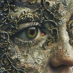 Intricately designed face of a woman, featuring golden, hand-drawn patterns, on a transparent background."
