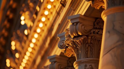 Obraz premium Soft outoffocus lights illuminating intricate architectural details of a grand classical building hinting at its role as the holder of centuries worth of knowledge and history. .