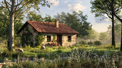 Exploring a cozy 3D cottage in a charming countryside  AI generated illustration