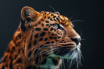 Close up of leopards face on black background