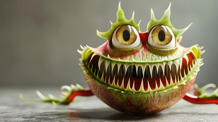 Fototapeta premium Food art monster face with carved watermelon mouth, kiwi olive eyes and chili peppers