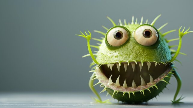 Funny green monster with big eyes and mouth on a grey background