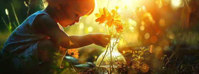 the child plants a flower in the garden