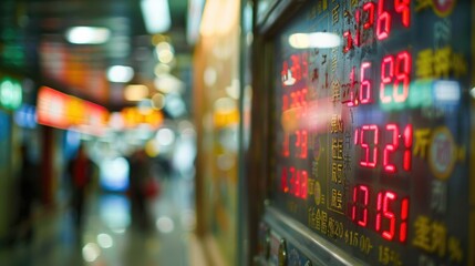A large electronic board with red numbers and Chinese characters on it