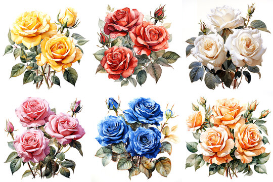 watercolor collection of multi color roses clipart floral decorations isolated on white
