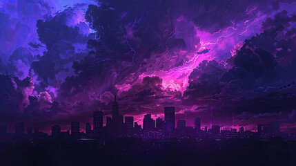 The silhouette of a city against a backdrop of dark clouds, intermittently lit by the vivid purple...