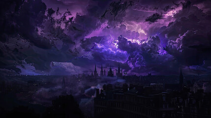 The silhouette of a city against a backdrop of dark clouds, intermittently lit by the vivid purple flashes of a distant storm.