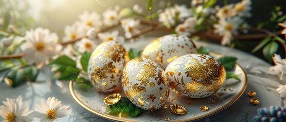 Plate with easter golden and white eggs