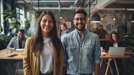 Two happy entrepreneurs smiling at the camera cheerfully. Young businesspeople standing in a boardroom with their colleagues in the background. Diverse entrepreneurs working together as a team. - Powered by Adobe