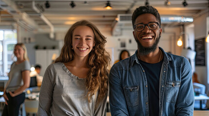 Two happy entrepreneurs smiling at the camera cheerfully. Young businesspeople standing in a...