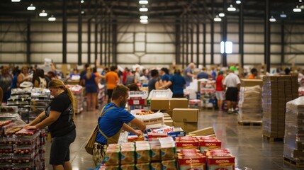 A large group of people are shopping in a warehouse