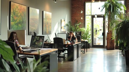 Fototapeta premium A room with a lot of plants and a few people working