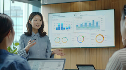 Young Asian businesswoman presenting data analysis dashboard on TV screen in modern meeting. Business presentation with group of business people in conference room. Concord.