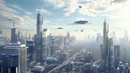 A futuristic cityscape with flying cars and drones
