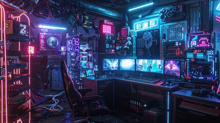 A neon-lit room with a computer desk and a chair