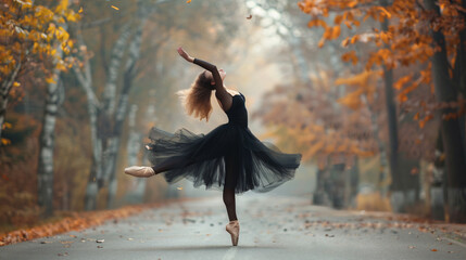 Fantasy Beautiful girl ballerina dancing on road.  - Powered by Adobe