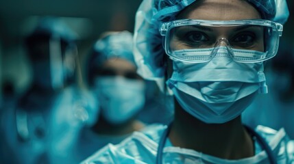 A woman in a blue surgical outfit with a mask on her face