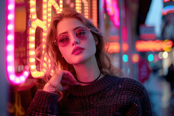 A young woman in 1980s fashion, posing in front of a neon sign