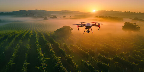 Drones spraying organic pesticides in a vast vineyard, innovation meets nature, highlighting modern precision farming techniques.