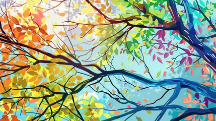 Colorful trees with leaves on the background, illustration of branches. abstract wallpaper Floral tree with colorful leaves, bright, realistic