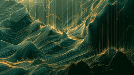 abstract illustration of mountain landscape in green tone with gold lines in concept nature, luxury