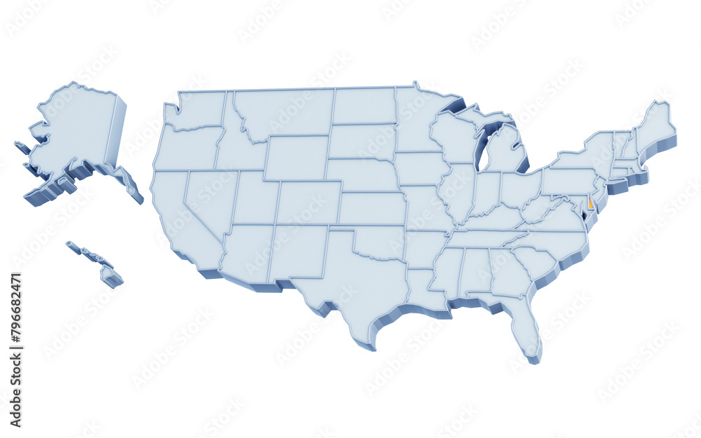 Wall mural State of Delaware highlighted in golden yellow on three-dimensional map of the United States isolated on transparent background. 3D rendering