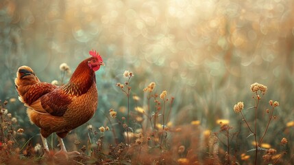 An intense gaze from a red rooster with striking details and a blurred blue background - obrazy, fototapety, plakaty